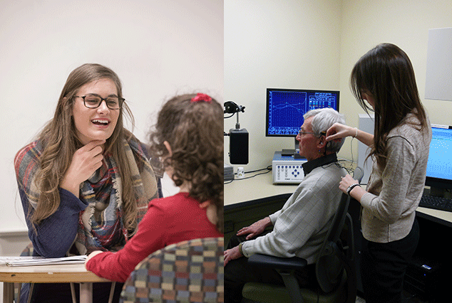 female speech-language pathology student working with child and female audiology student testing hearing aid