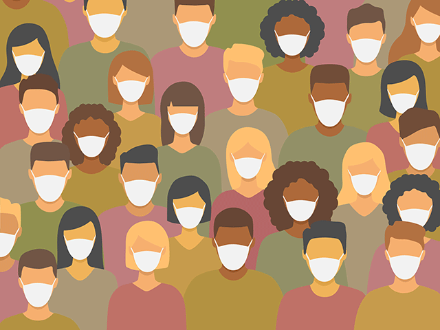 illustration of many faces wearing protective masks