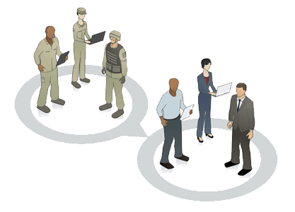 illustration showing three active military transitioning to civilian workforce