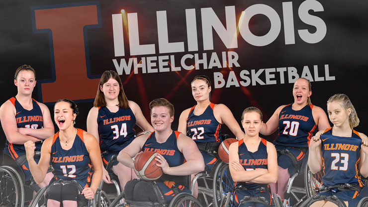 8 women in wheelchairs in basketball uniforms