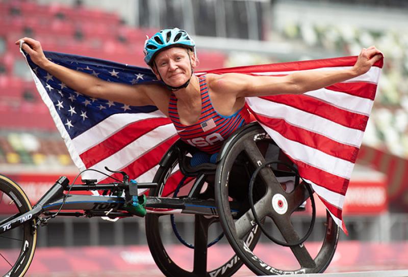 Susannah Scaroni celebrates at the Tokyo Paralympic Games on Saturday, Aug. 28. (Mark Reis, USOPC)