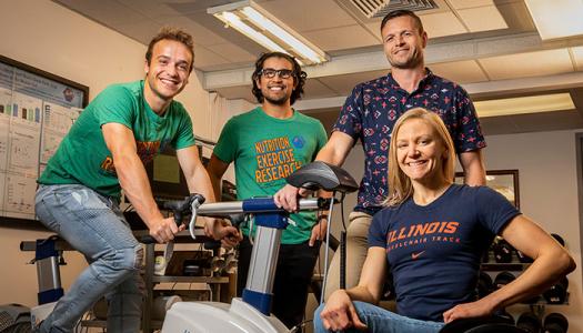 Researchers, including, from left, graduate students Alex Keeble and Rafael Alamilla, kinesiology and community health professor Nicholas Burd and graduate student Susannah Scaroni, found that potatoes boost athletic performance as well as commercial gels.