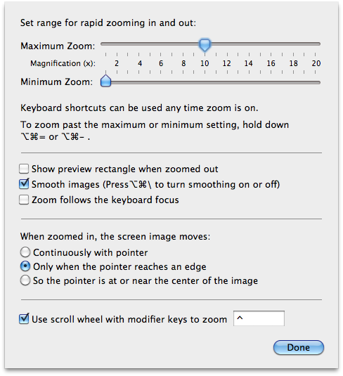 Screenshot showing the Zoom options panel