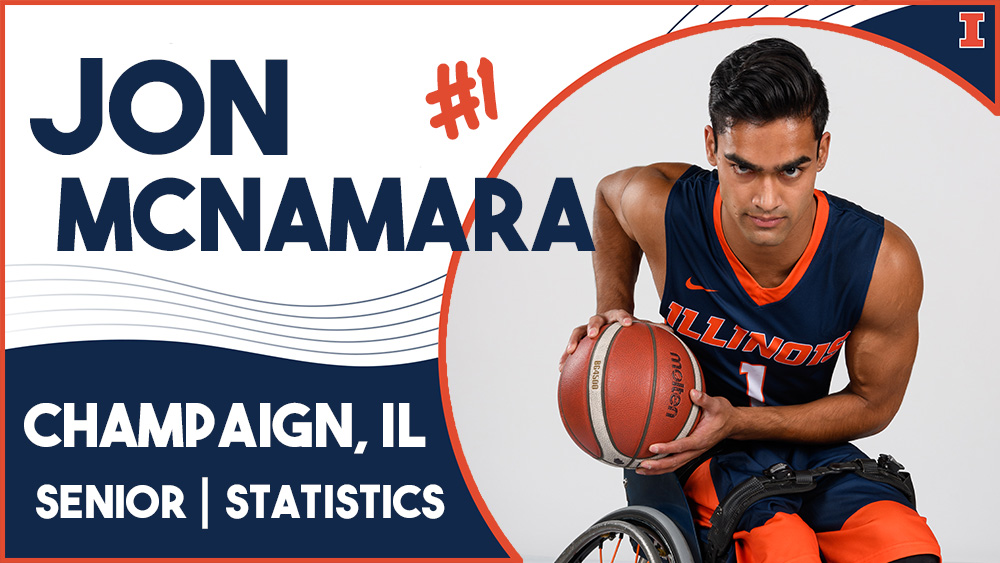 man in Illinois basketball uniform in wheelchair with text reading Jon McNamara, #1, Champaign, IL, Senior, statistics